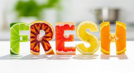 The word fresh created from a variety of colorful sliced citrus fruits on a bright kitchen background