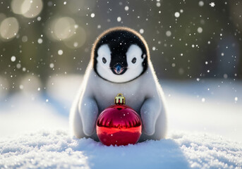 Adorable baby penguin with a red christmas ornament in the snow during a magical winter snowfall