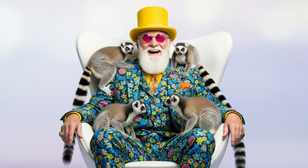 Eccentric senior man in a colorful floral suit and yellow top hat sitting in a chair surrounded by four cute lemurs