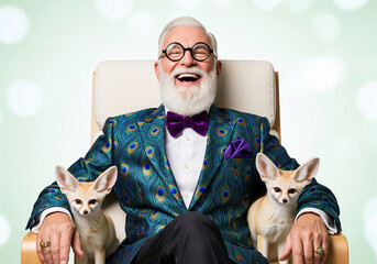 Happy senior man in an eccentric peacock feather suit sitting in a chair with two cute fennec foxes