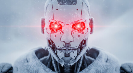Cinematic portrait of a futuristic robot with glowing red eyes covered in snow during a winter blizzard