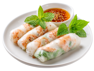 Delicious vietnamese spring rolls with shrimp and fresh herbs isolated on transparent background, a popular asian cuisine dish