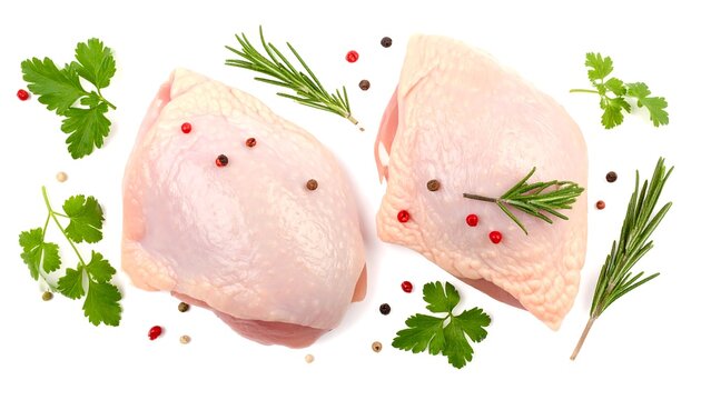 Raw chicken thighs arranged with herbs and peppercorns on white background