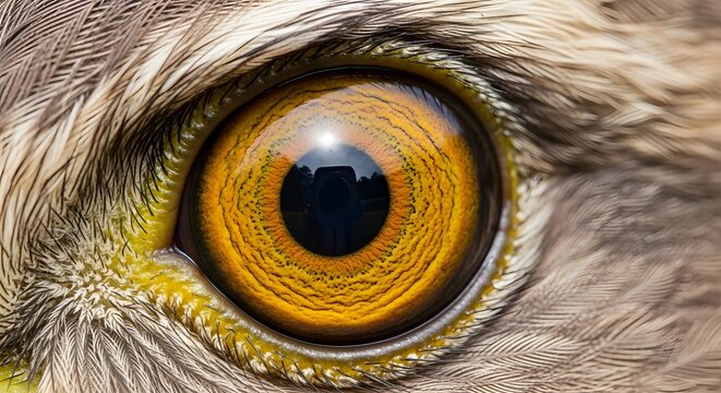 Captivating close-up of a majestic owl's intense amber eye detailed feathers and keen vision