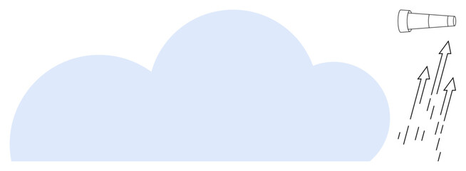 Large blue cloud with arrows pointing upward and telescope highlighting goals, growth, vision, progress, and exploration. Ideal for technology, strategy, innovation, opportunity future focus