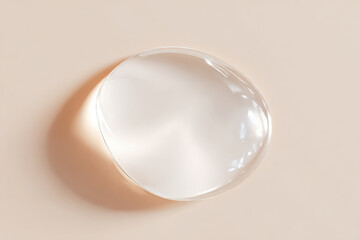 A sleek, transparent droplet rests on a soft beige background, showcasing a minimalist design with subtle reflections and shadows.