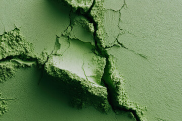 A close-up, high-resolution image showcasing a textured green surface with cracks and rough patches, emphasizing depth and detail.