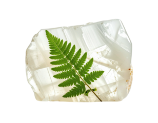 Close-up of translucent mineral slab with a green fern frond pressed into its surface