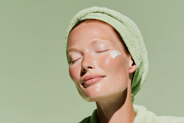 A serene portrait of a woman with a towel on her head, applying cream to her cheek. The soft green background enhances the calming atmosphere.