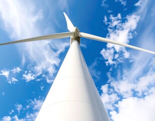 Low angle view of a wind turbine against a partly cloudy sky