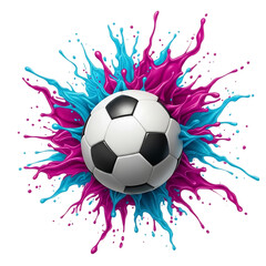 Dynamic soccer ball exploding with vibrant pink and blue paint splatter art isolated on transparent background