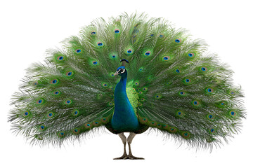 Magnificent peacock displaying vibrant plumage and intricate feather patterns in studio shot showcasing the beauty of nature with exotic details showing perfect feathers