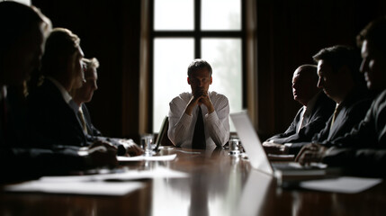 Lone Executive Sitting at Long Table During Intense Business Meeting