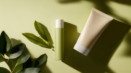 A minimalistic flat lay featuring a green bottle and a beige tube on a soft green background, accented by fresh leaves.