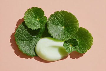 A vibrant, flat-lay image featuring lush green leaves and a smooth, pale green cream on a soft pink background, highlighting natural skincare elements.