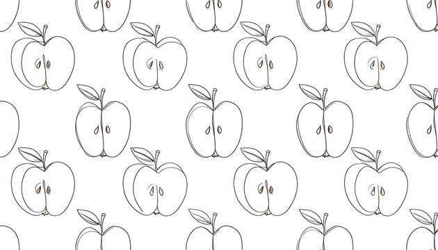 Repeating pattern of halved apples with leaves, simple lines, white background - Powered by Adobe