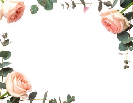 A floral arrangement forms a curved frame around a black void. Roses and greenery provide accents