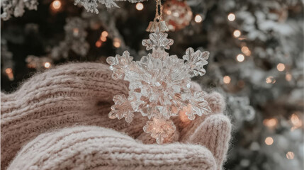 A delicate crystal snowflake ornament held in cozy hands, surrounded by soft pink yarn and a blurred festive background with warm lights.