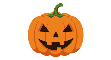 Joyful orange jack o lantern halloween pumpkin with carved spooky face and green stem isolated isolated on white background