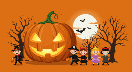 Spooky halloween scene with jack-o'-lantern children in costumes under a full moon with bare trees isolated on white background