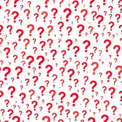 Red question marks scattered on a white background