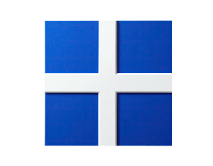 A square with a blue background and a bold, white cross intersecting at the center