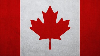 Iconic canadian flag featuring a bold red maple leaf against a textured white and red background