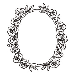 Oval frame adorned with roses and leaves in a black outline against a white background design element