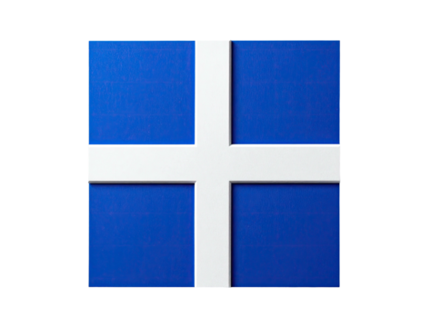 A square with a blue background and a bold, white cross intersecting at the center