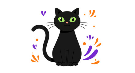 Cute black cat with vibrant swirls and speckles festive decorative elements for halloween and autumn celebrations isolated on white background