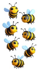Obraz premium Seven cute, cartoonish bees with yellow and black striped bodies and blue wings