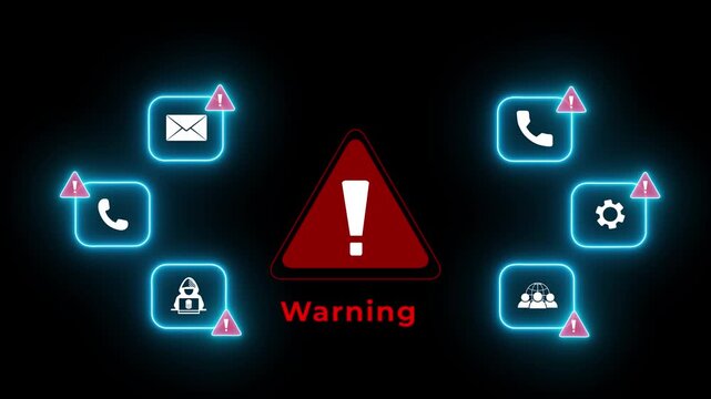 Scam alert warning. cybersecurity concept a prominent digital warning sign surrounded by alert icons, symbolizing online security threats, data protection, and scam prevention.