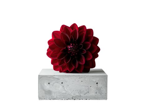 Vivid red bloom, centered on a concrete cube, set against a stark black background