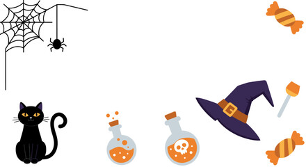 Whimsical halloween border design featuring black cat spiderweb witch hat candy corn and ghost with pumpkin decorations for festive autumn celebrations and spooky fun isolated on white background