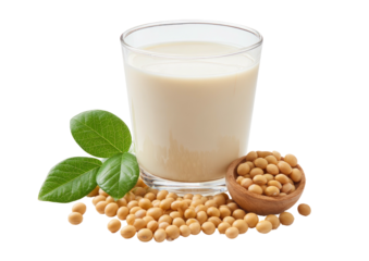 Beverage in glass next to soybeans and leaves on dark background