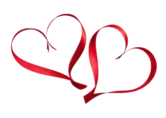 Intertwined red ribbon hearts float on a solid black backdrop