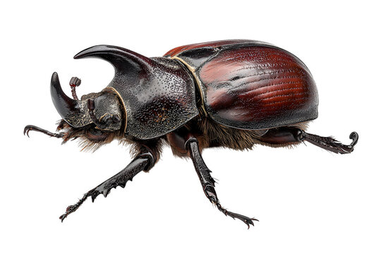 Majestic rhinoceros beetle exhibits intricate detail on exoskeleton revealing unique morphology showcasing impressive horns and structural complexity a fascinating macro studio