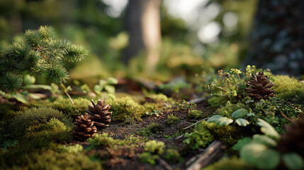 Forest floor with moss, grass, pine cones and young plants, beautiful background