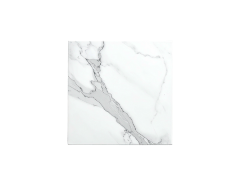 Close-up of a square white marble tile, showing gray veins and subtle texture, on a black background