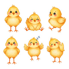 Adorable yellow chicks in various poses celebrate springtime and new beginnings