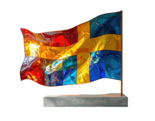 Colorful stained glass flag sculpture with a light source against a black backdrop
