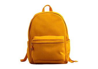 Yellow backpack with pocket, front view on black backdrop
