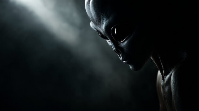 Mysterious Extraterrestrial Being Staring Forward in Dark Background