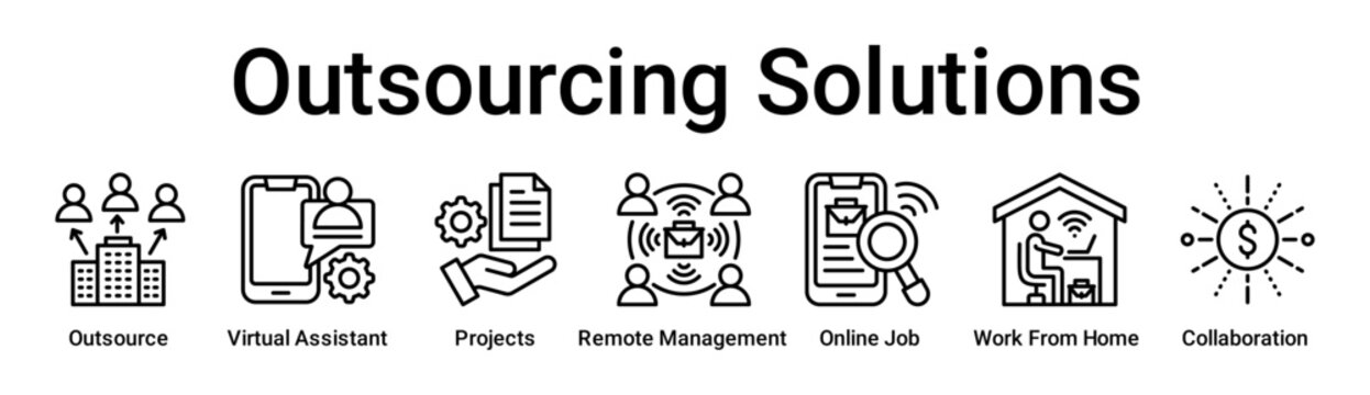 Outsourcing Solutions banner web icon vector illustration concept for business with icon of Outsource, Virtual Assistant, Projects, Remote Management, Online Job, Work From Home.