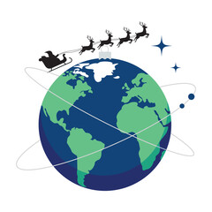 Vector art of santa claus flying in his sleigh with reindeer around the globe, symbolizing global christmas delivery and the magic of the holiday season