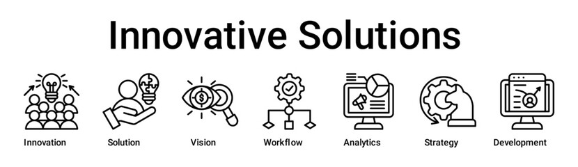 Innovative Solutions banner web icon vector illustration concept for business with icon of Innovation, Solution, Vision, Workflow, Analytics, Strategy.