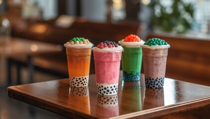 Colorful assortment of delicious bubble teas with toppings arranged on a wooden table