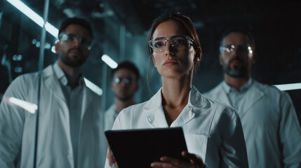 Team of Scientists and Engineers in White Coats Wearing Safety Glasses