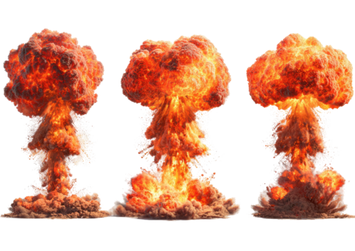 Three mushroom cloud explosions against a black background