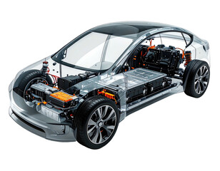 Transparent view of a car reveals internal components, including battery and motor